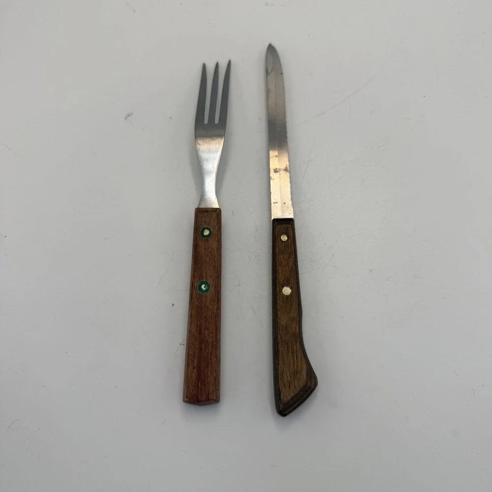 Vintage Ekco Flint Stainless Vanadium Knife and Meat Granny Fork Wood Handle USA
